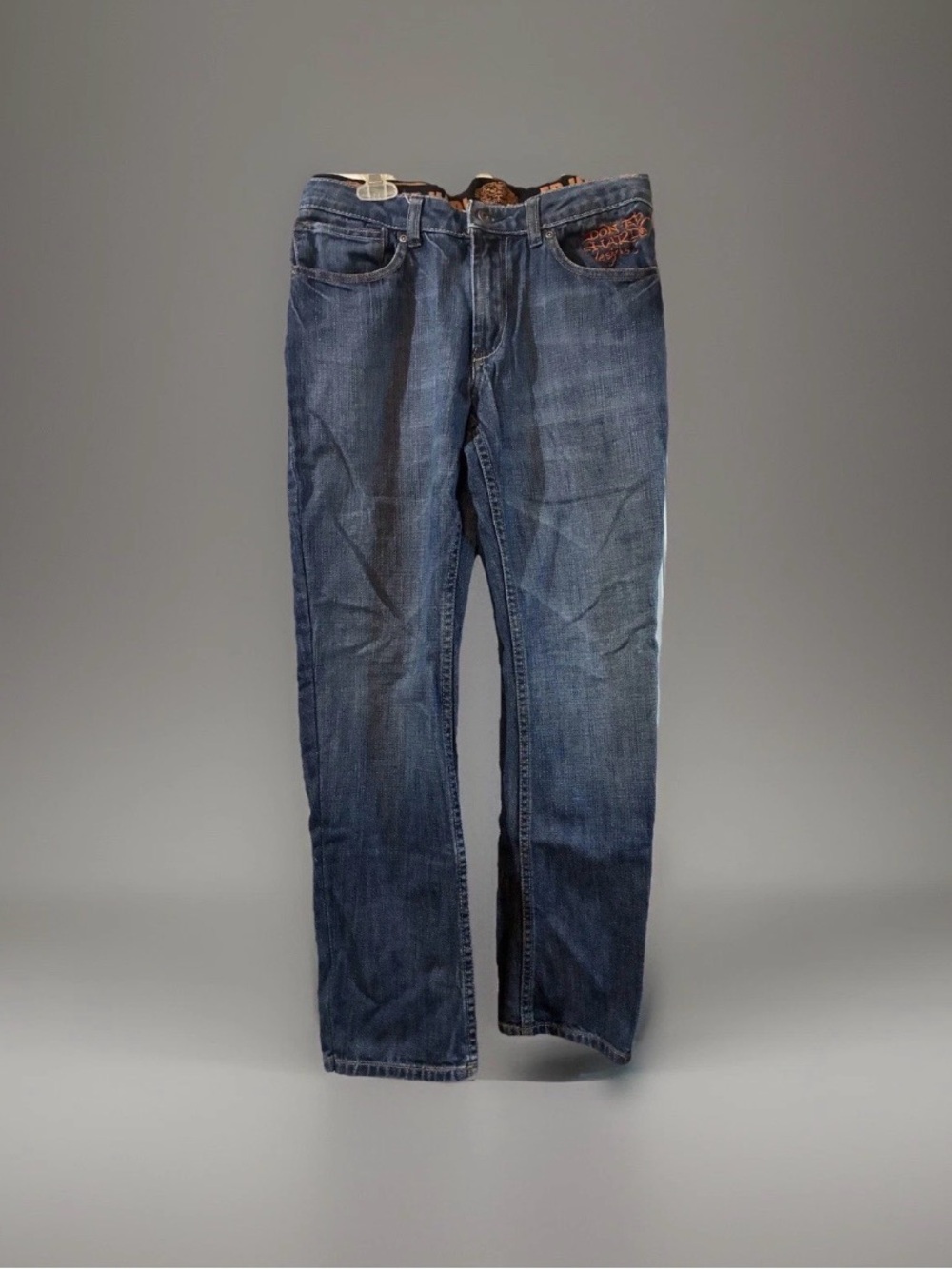 Ed Hardy Straight Leg Jeans in Indigo Blue with Brown Trim 30x28